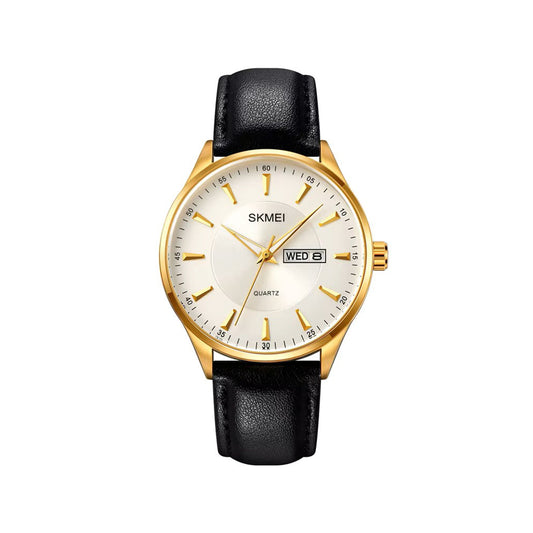 SKMEI 2075 Classic Leather straps Calendar Storage Men’s watch- Black Gold & Silver