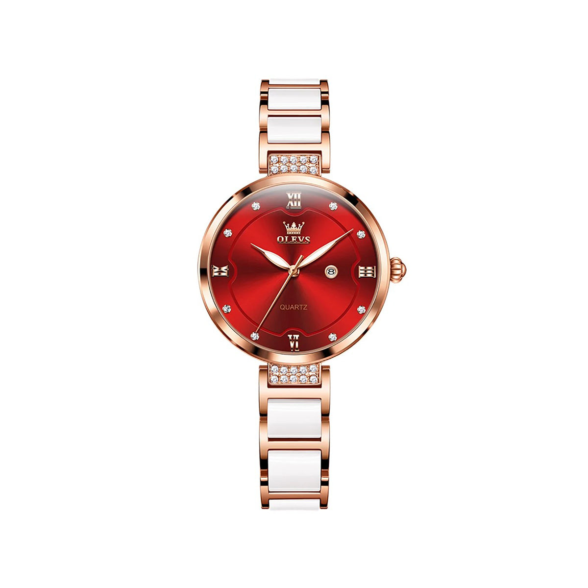 OLEVS 5589 Luxury Design Quartz Watch - Silver & Red