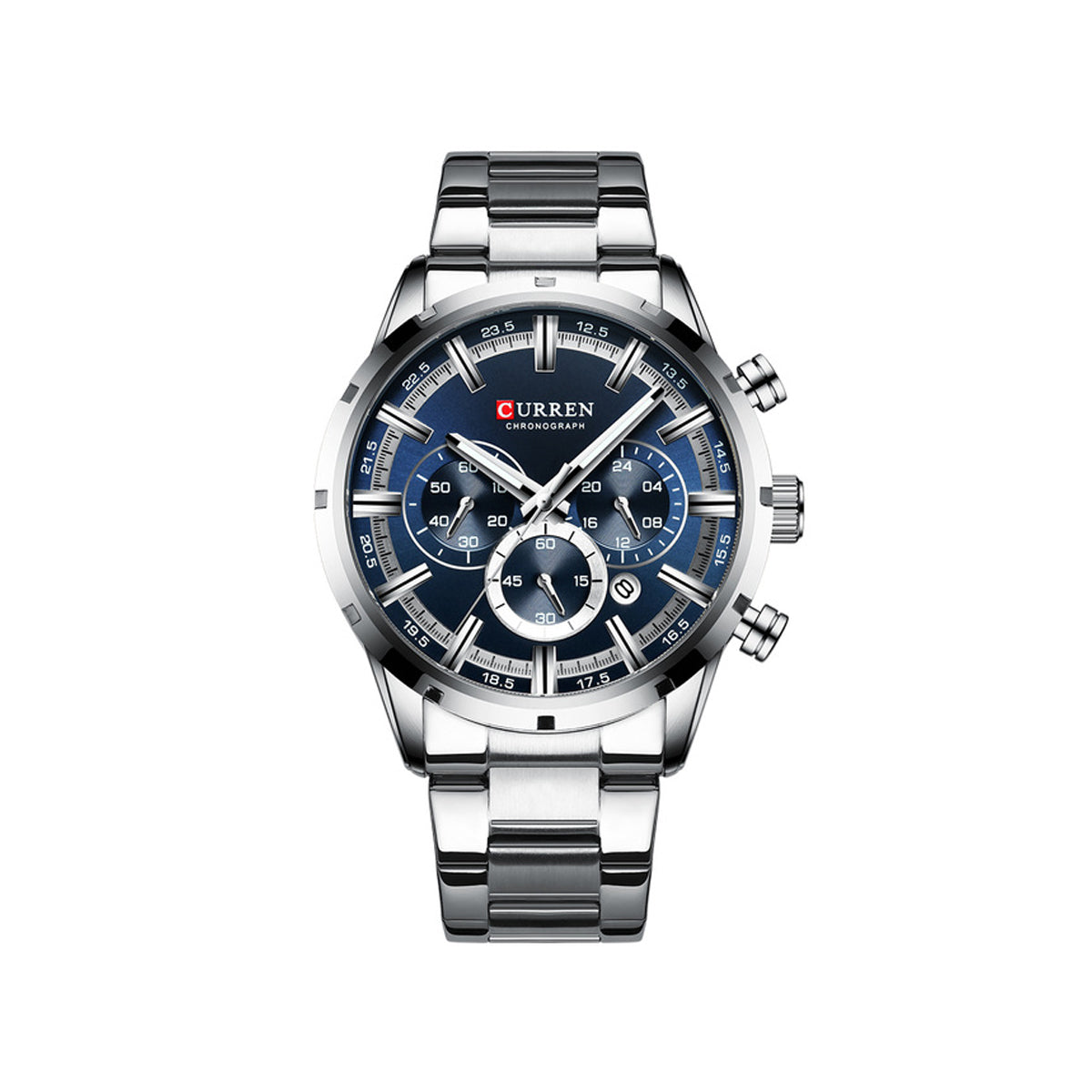 CURREN 8355 Multi-function Steel Strap Watch for Men - Silver & Blue