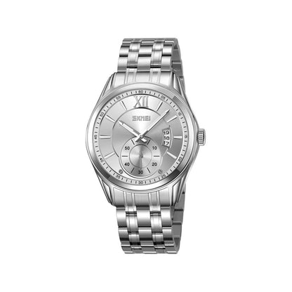 Skmei 9319 Quartz Luminous Luxury Stainless Steel Classic Calendar Men’s Wrist-watches- Silver