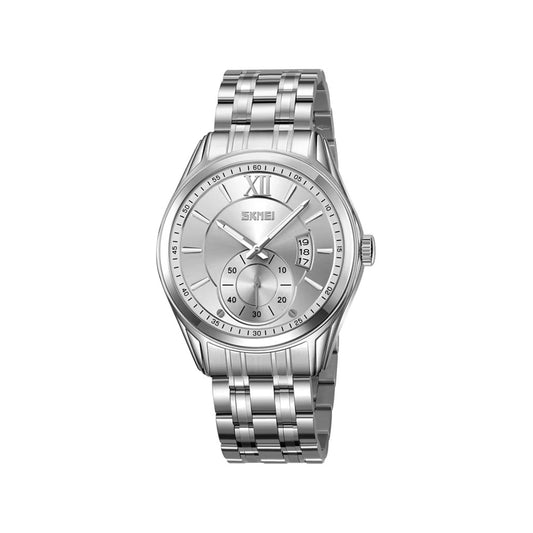 Skmei 9319 Quartz Luminous Luxury Stainless Steel Classic Calendar Men’s Wrist-watches- Silver