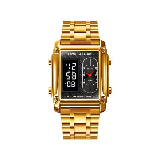 SKMEI 1868 Multiple Time Digital Analog Sport Stainless Steel Men’s Wristwatch- Gold