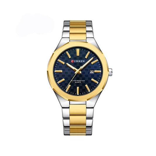 Curren 8477 Classical Luminous Reloj Hombre Quartz Stainless Steel Men’s Wrist-watch- Silver Gold & Blue