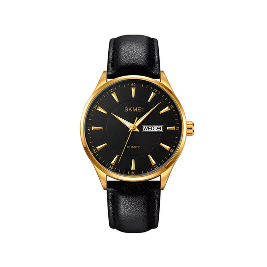 SKMEI 2075 Classic Leather straps Calendar Storage Men’s watch- Black Gold
