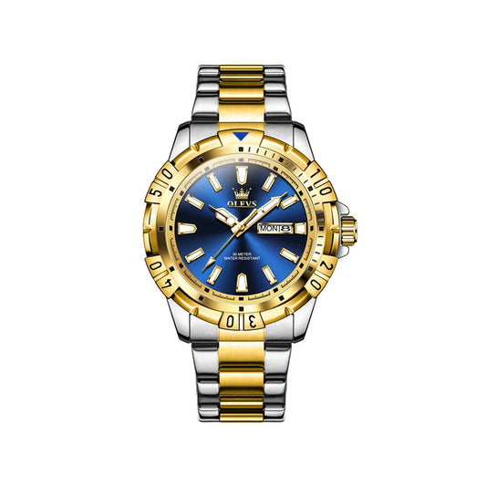 Olevs 5560 Stainless Steel Quartz Movement Watch For Men - Silver Gold & Blue
