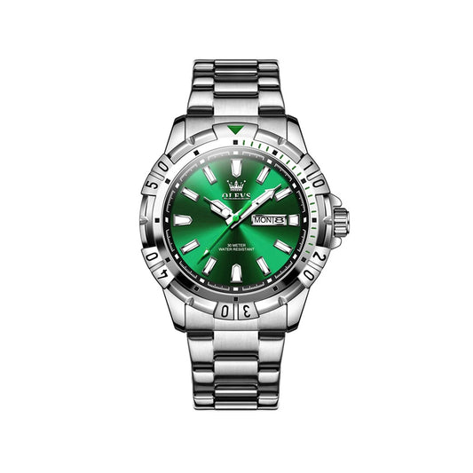 Olevs 5560 Stainless Steel Quartz Movement Watch For Men - Silver & Green