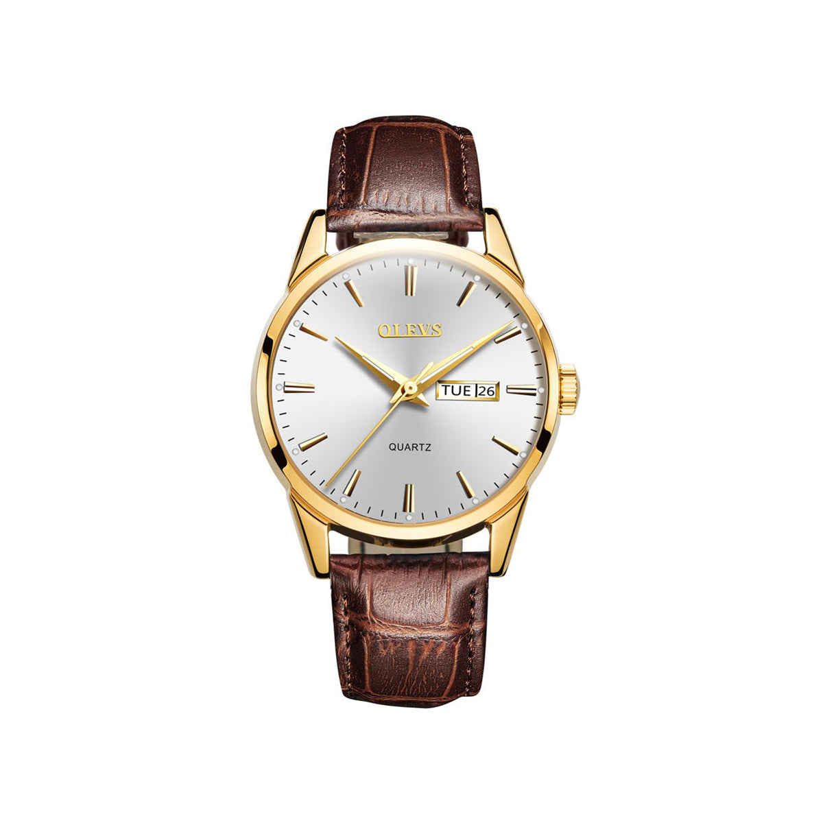 Olevs 6898 minimalist design leather strap watch for Men's- Brown & Silver