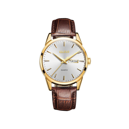 Olevs 6898 minimalist design leather strap watch for Men's- Brown & Silver