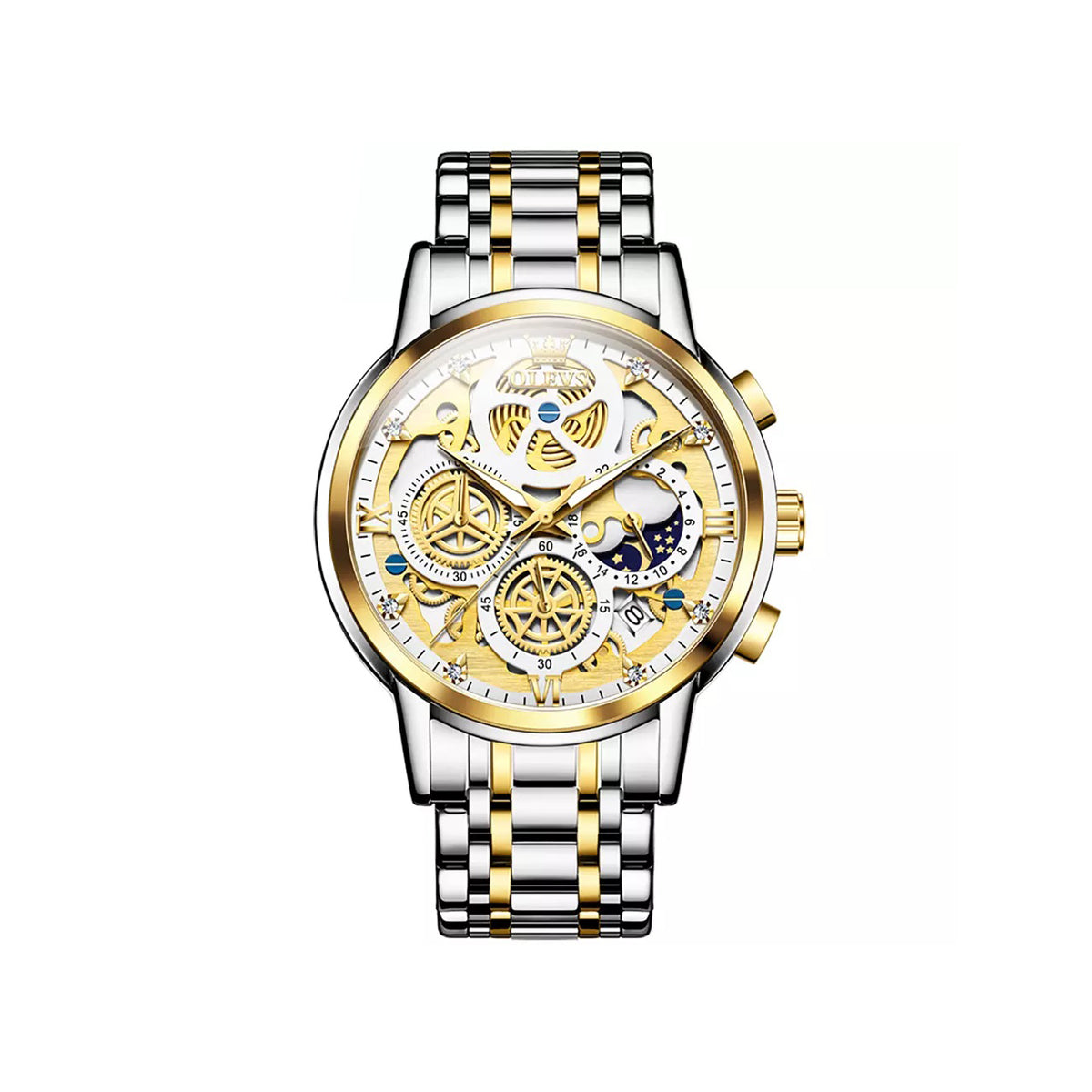 OLEVS 9947 Hollow-Carved Trendy Design Stainless Steel Chronograph Luminous Multifunctional Watch for Men’s- Silver Gold