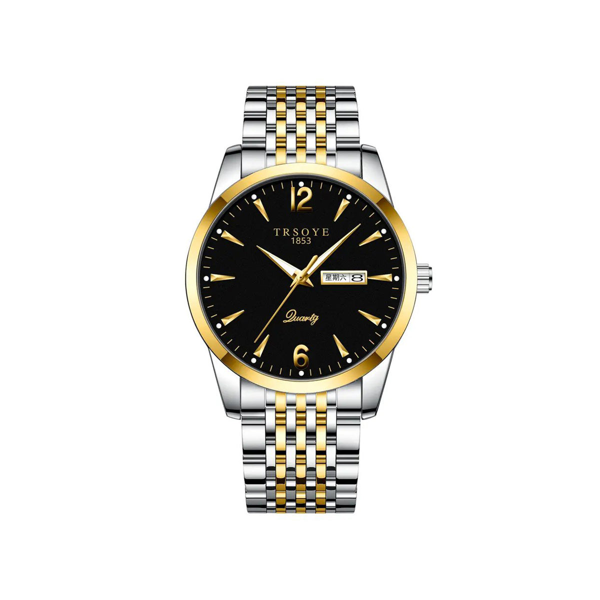 Trsoye 068 Custom Strap Design Fashion Hands Men Wristwatch- Silver Gold & Black