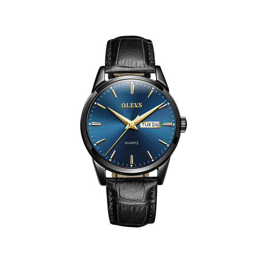 Olevs 6898 minimalist design leather strap watch for Men's- Black & Blue