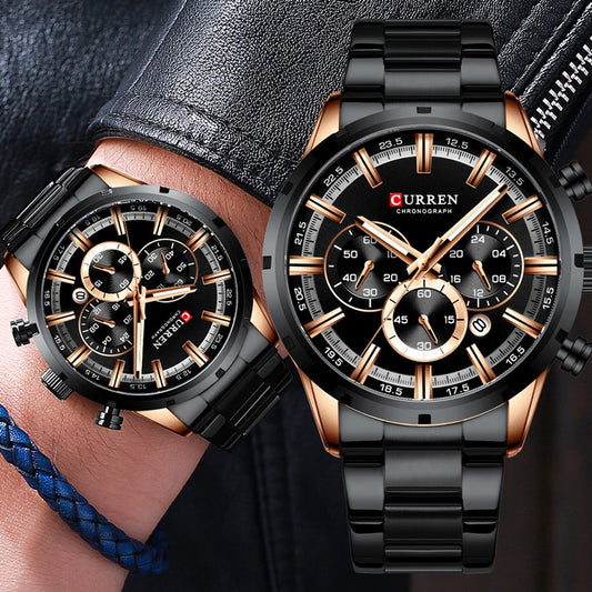 CURREN 8355 Multi-function Steel Strap Watch for Men - Black