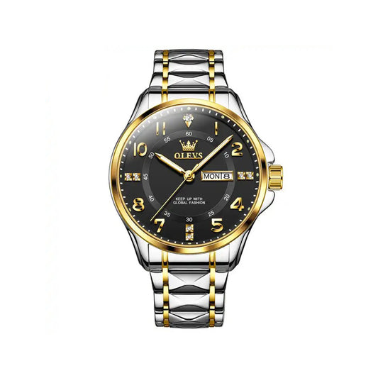 OLEVS 2910 Number Dial Stainless Steel Day Date Men's Watch-Black Gold