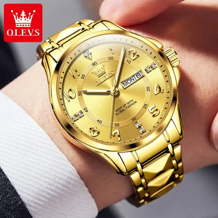 OLEVS 2910 Number Dial Stainless Steel Day Date Men's Watch-Gold
