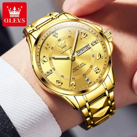OLEVS 2910 Number Dial Stainless Steel Day Date Men's Watch-Gold