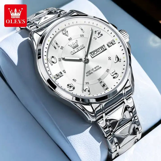 OLEVS 2910 Number Dial Stainless Steel Day Date Men's Watch-Silver