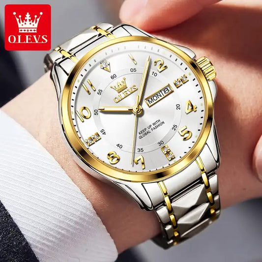 OLEVS 2910 Number Dial Stainless Steel Day Date Men's Watch-Silver Gold