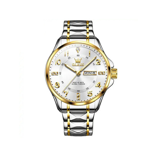 OLEVS 2910 Number Dial Stainless Steel Day Date Men's Watch-Silver Gold