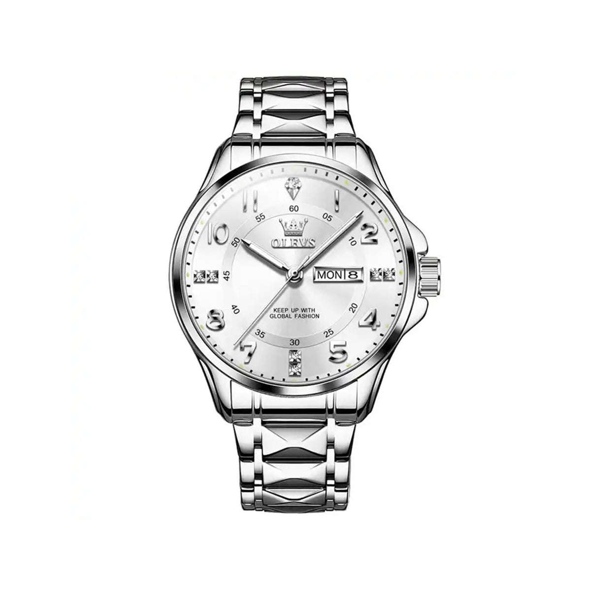 OLEVS 2910 Number Dial Stainless Steel Day Date Men's Watch-Silver