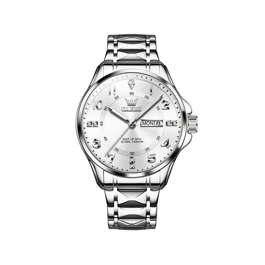 OLEVS 2910 Number Dial Stainless Steel Day Date Men's Watch-Silver