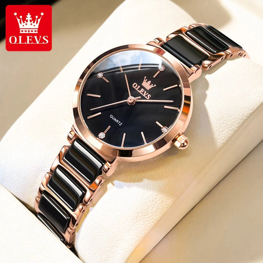 OLEVS 5877 Ceramic Classic fashion Quartz movement women watch- Rose Gold & Black