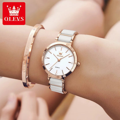 OLEVS 5877 Ceramic Classic fashion Quartz movement women watch- Rose Gold & White