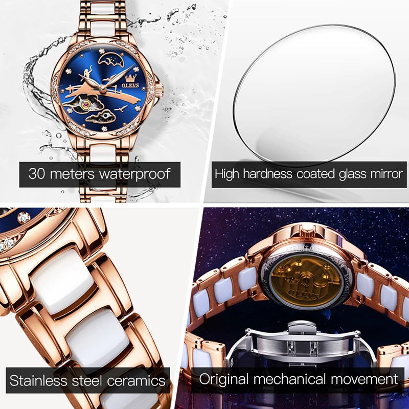 OLEVS 6639 Automatic Self Winding Ceramic watch for women- Blue