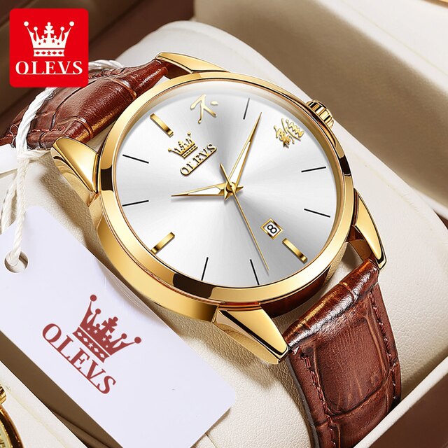 Olevs 2865 Luxury Fashion Watch For Men's- Brown Gold & White