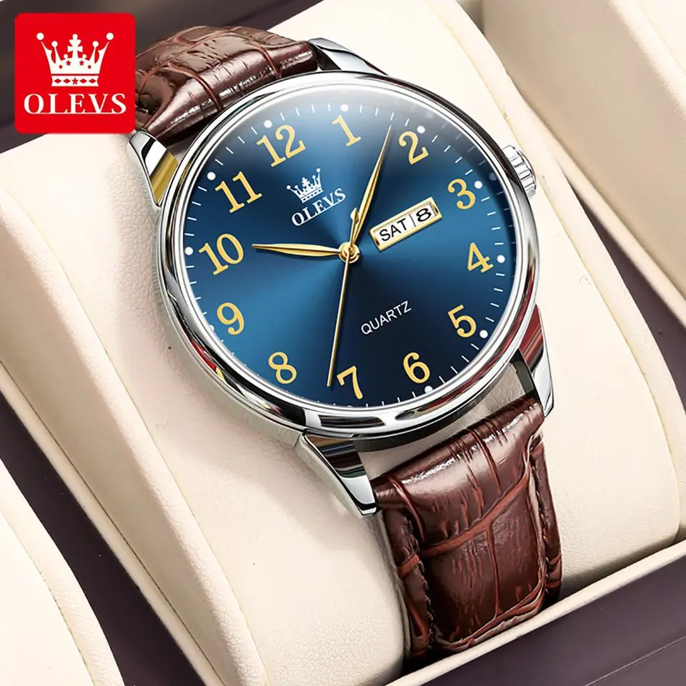 Olevs 5535 Stainless Steel Analog Leather Belt Wrist Watch For Men - Brown Blue