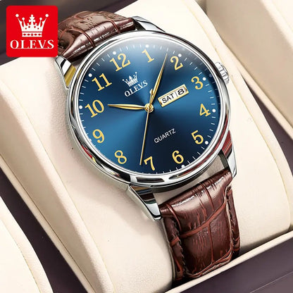 Olevs 5535 Stainless Steel Analog Leather Belt Wrist Watch For Men - Brown Blue