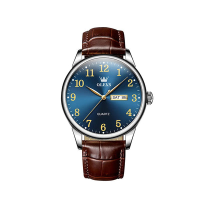 Olevs 5535 Stainless Steel Analog Leather Belt Wrist Watch For Men - Brown Blue