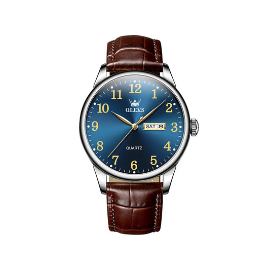 Olevs 5535 Stainless Steel Analog Leather Belt Wrist Watch For Men - Brown Blue