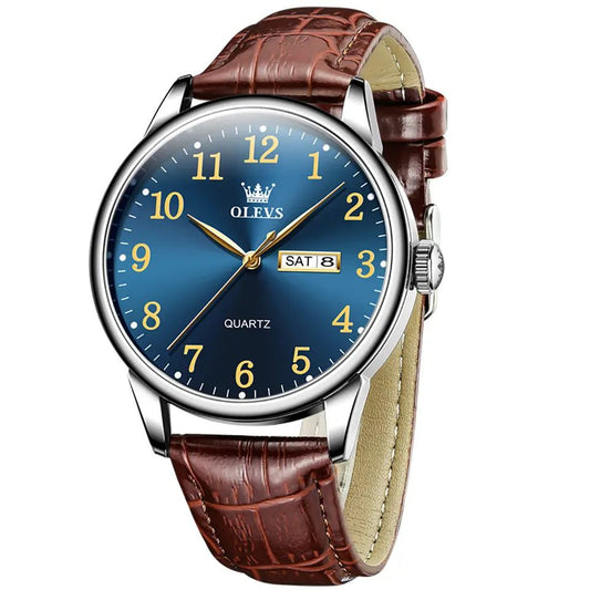 Olevs 5535 Stainless Steel Analog Leather Belt Wrist Watch For Men - Brown Blue