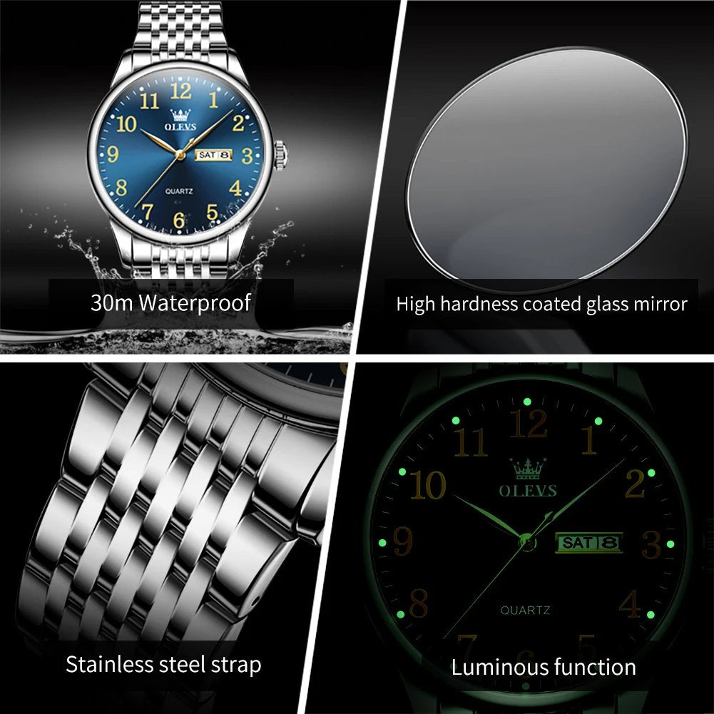 Olevs 5535 Stainless Steel Analog Wrist Watch For Men -Royal Blue & Silver