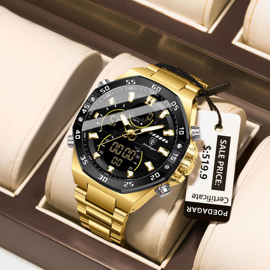 POEDAGAR 101 Electronic Dual Time Stainless Men's Watch-Gold Black