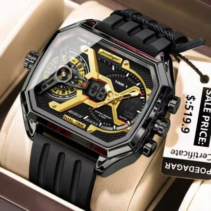POEDAGAR 106 New Edgy Dual Display Silicone Strap Men's Watch-Black