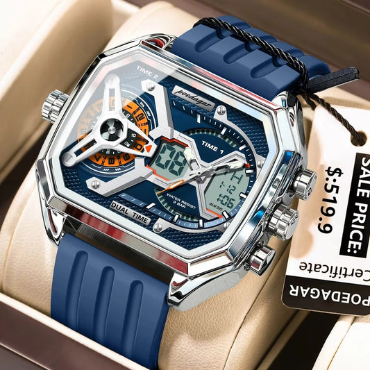 POEDAGAR 106 New Edgy Dual Display Silicone Strap Men's Watch-Blue