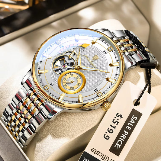 POEDAGAR 1416 New Automatic Mechanical Stainless Steel Men’s Watch-Gold White