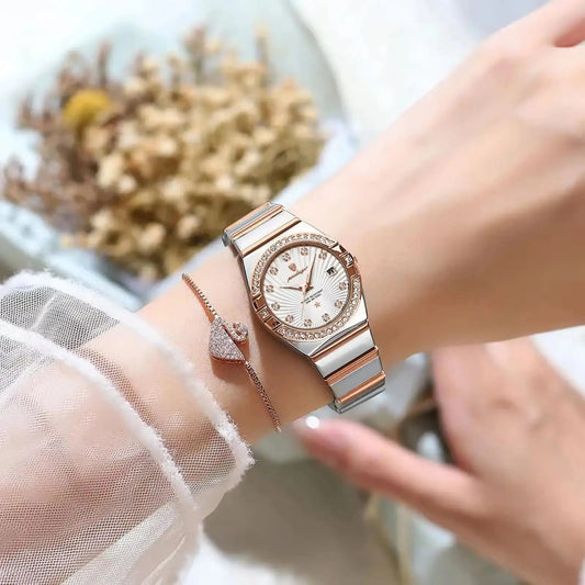 POEDAGAR 302 Luxury Luminous Stainless Steel Ladies Watch-Rose Gold White