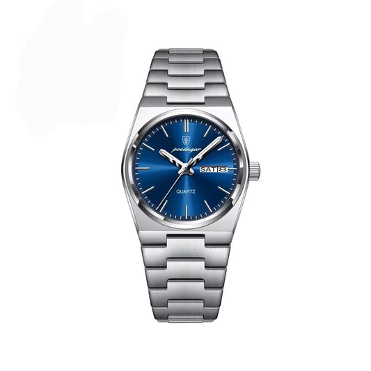 POEDAGAR 786 Simple Stainless Steel Day Date Ladies Watch-Silver Blue