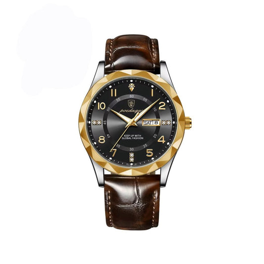 POEDAGAR 858 Formal Day Date Leather Belt Men's Watch-Silver Gold Black