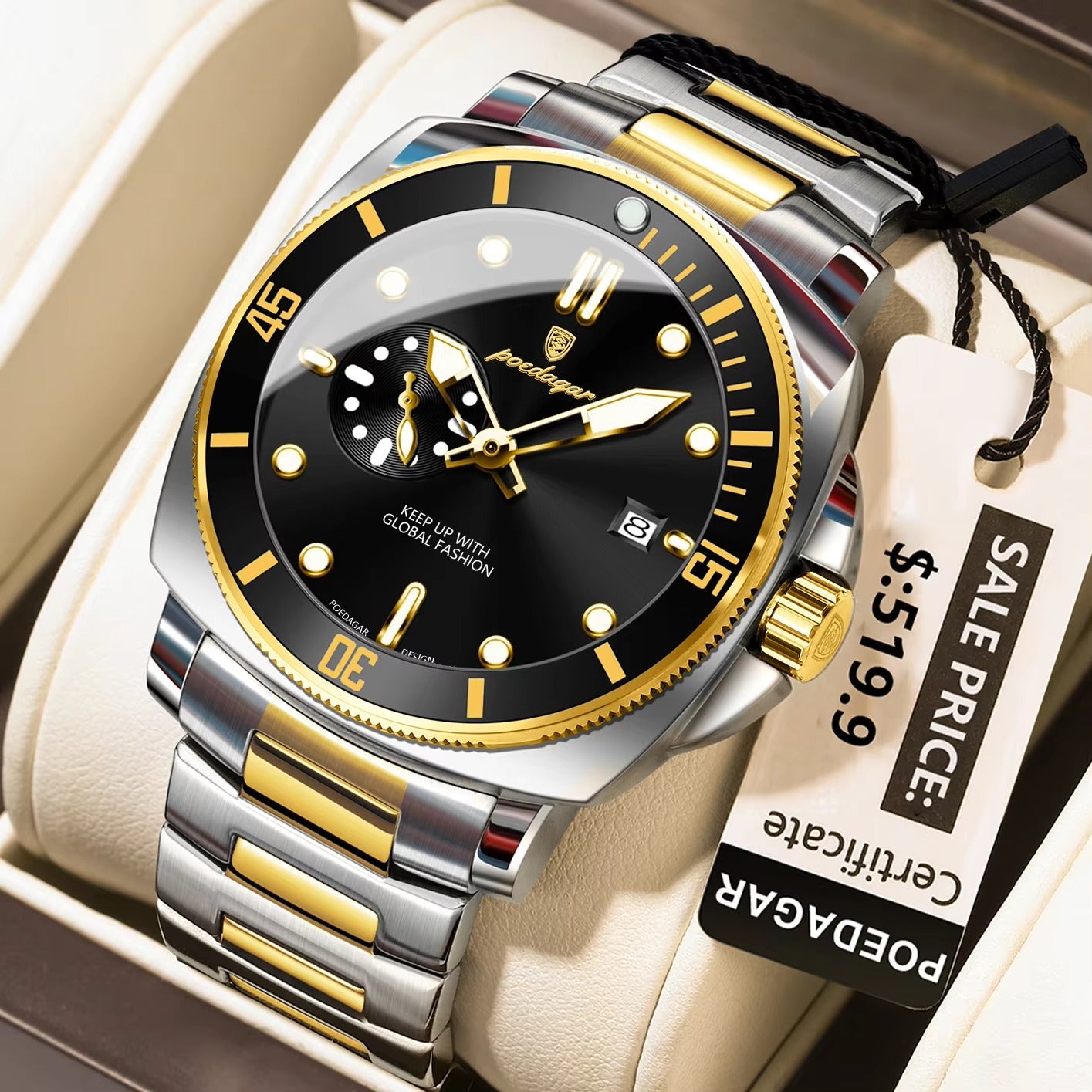 POEDAGAR 873 New Luxury Luminous Quartz Men's Watch-Gold Black
