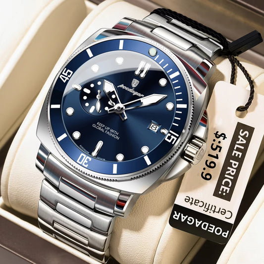 POEDAGAR 873 New Luxury Luminous Quartz Men's Watch-Silver Blue