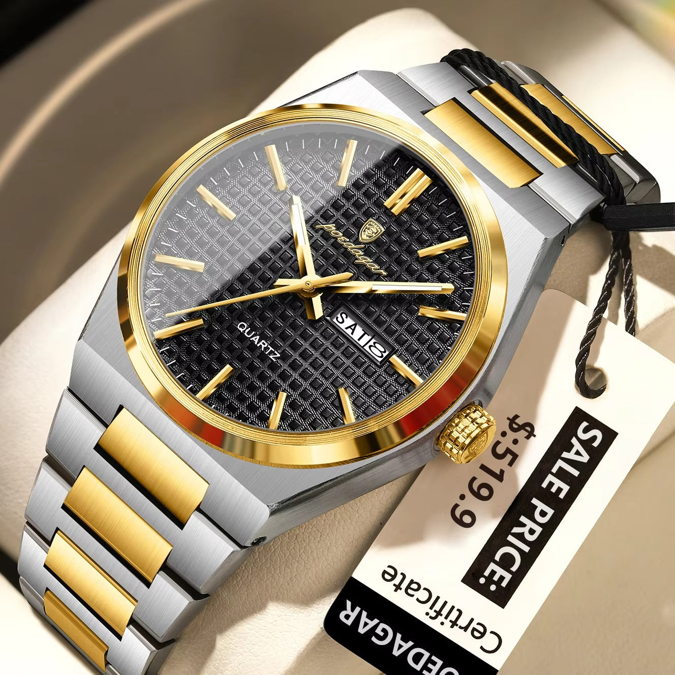 POEDAGAR 874 Luminous Day Date Casual Men's Watch-Gold Black