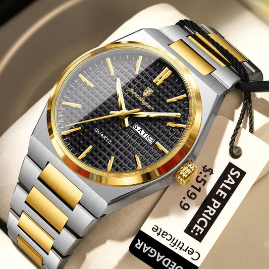 POEDAGAR 874 Luminous Day Date Casual Men's Watch-Gold Black