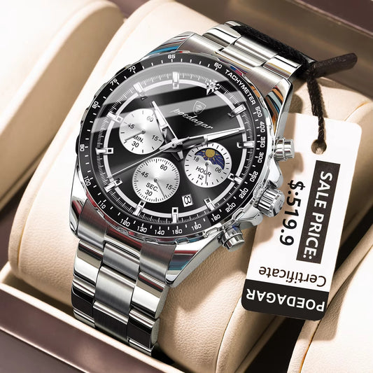 POEDAGAR 879 Active Chronograph Stainless Steel Men's Watch-Silver Black