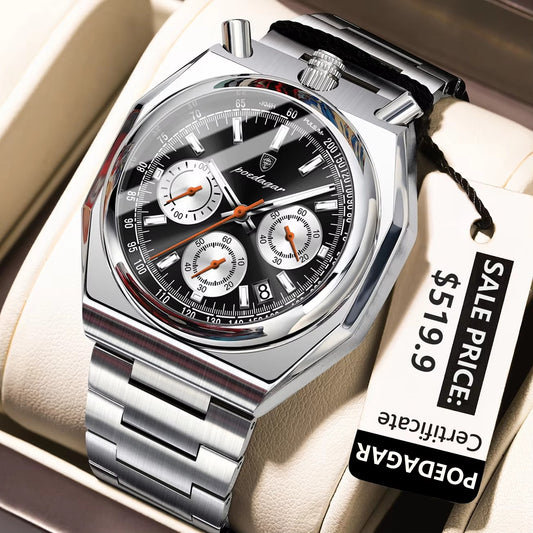 POEDAGAR 897 Unique Design Chronograph Men's Watch-Silver Black