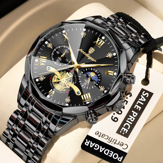 POEDAGAR 938 Elegant Stainless Steel Chronograph Men's Watch-Black