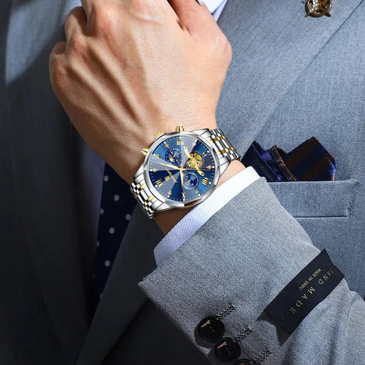 POEDAGAR 938 Elegant Stainless Steel Chronograph Men's Watch-Silver Blue