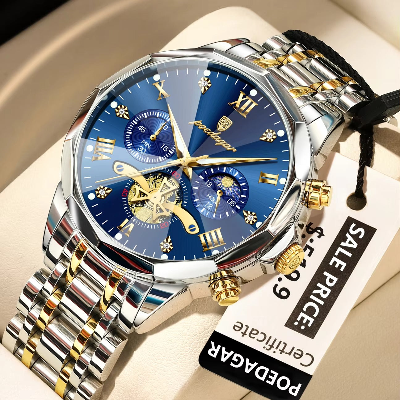 POEDAGAR 938 Elegant Stainless Steel Chronograph Men's Watch-Silver Blue